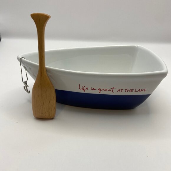 7" Boat Serving Dish w/Oar Scoop ~ "Life Is Great At The Lake" Text ~ Ceramic - Picture 1 of 8